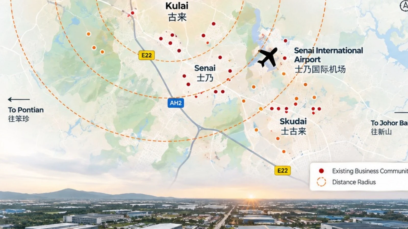 Aerial and regional view of the Kulai, Senai and Skudai industrial ecosystem